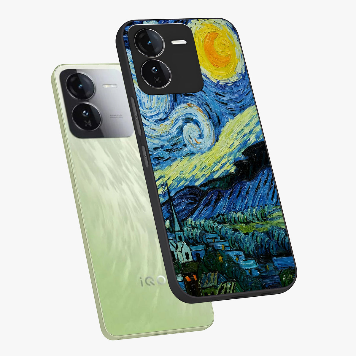 Van Gogh Art Glass Case displayed in angled mockup highlighting swirling brushstroke design with artistic aesthetic.