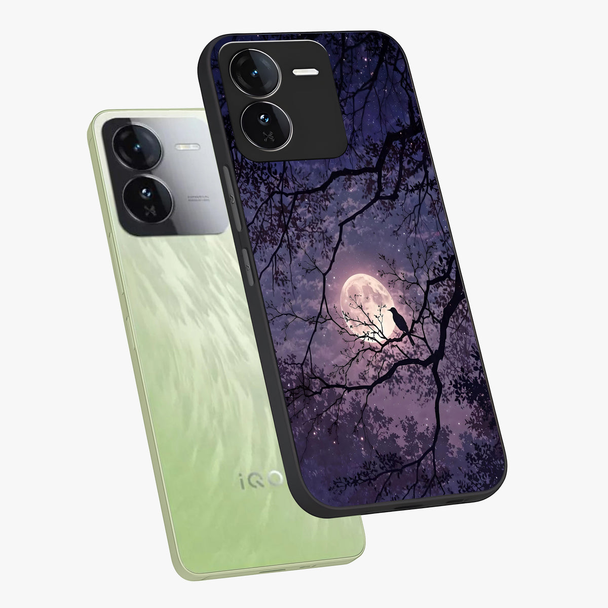 Whispering Moon Silence Glass Case displayed in angled mockup highlighting calm lunar design with dreamy night aesthetic.