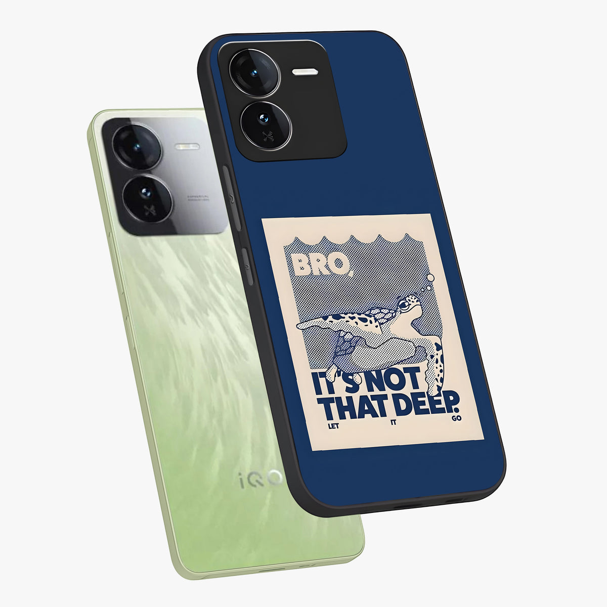 Worry Less Swim Glass Case displayed in angled mockup highlighting fun typography design with relaxed aesthetic style.