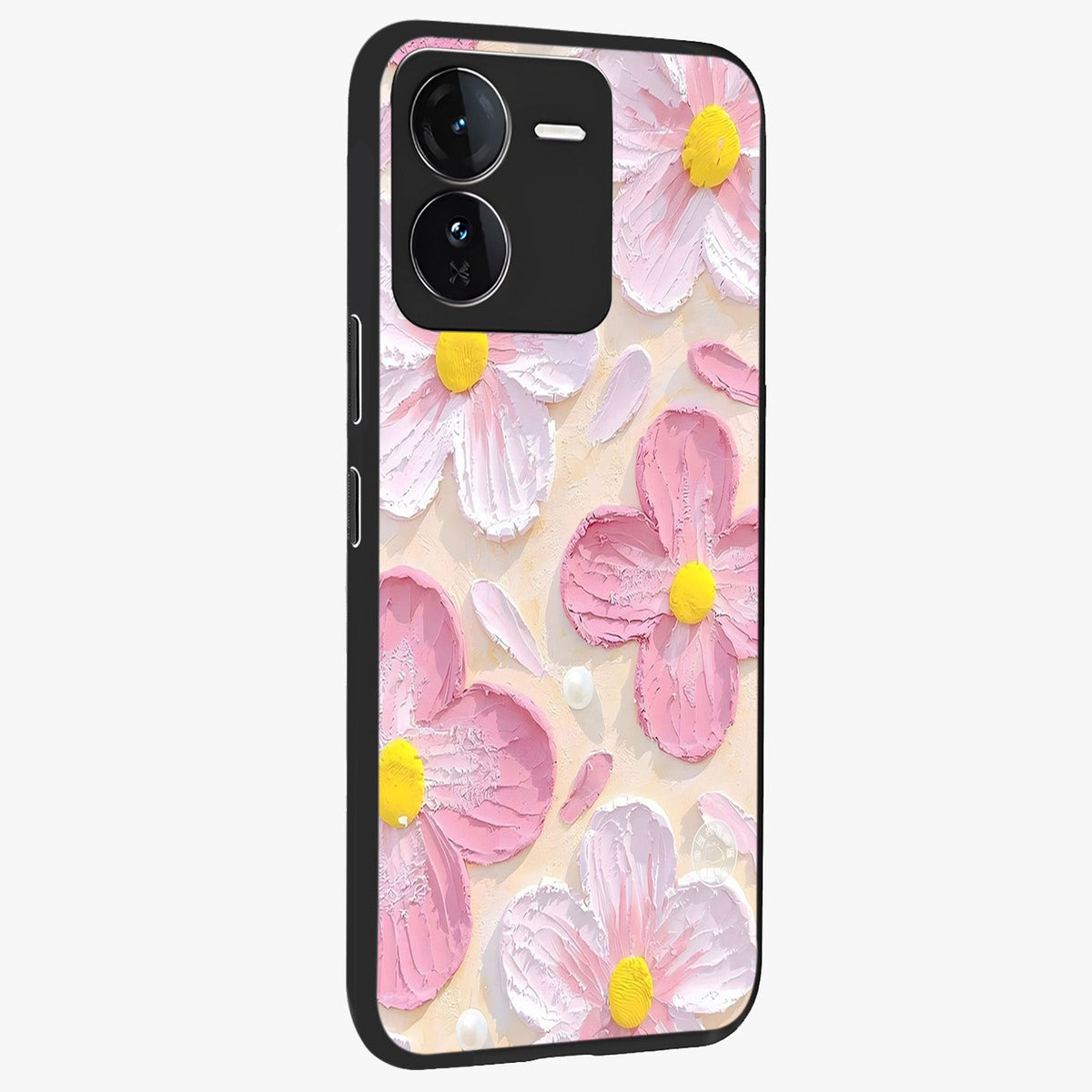 Blush Bloom Texture Glass Case upright view showcasing delicate blush floral texture with modern minimal style.