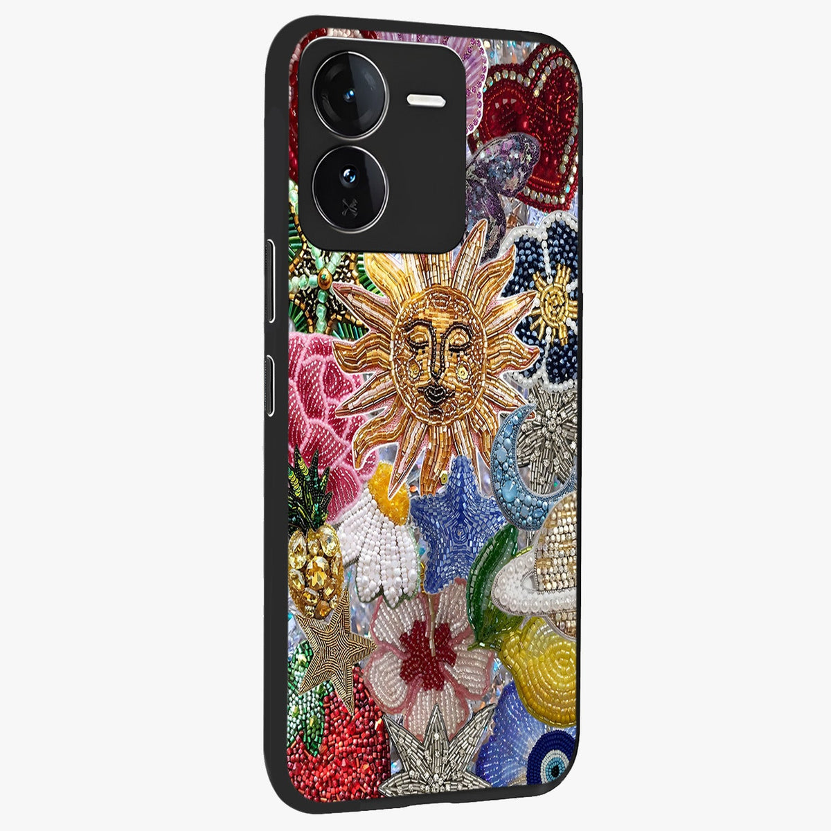 Celestial Floral and Playful Glass Case upright view showcasing whimsical floral artwork with cosmic aesthetic theme.