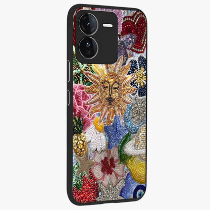 Celestial Floral and Playful Glass Case upright view showcasing whimsical floral artwork with cosmic aesthetic theme.