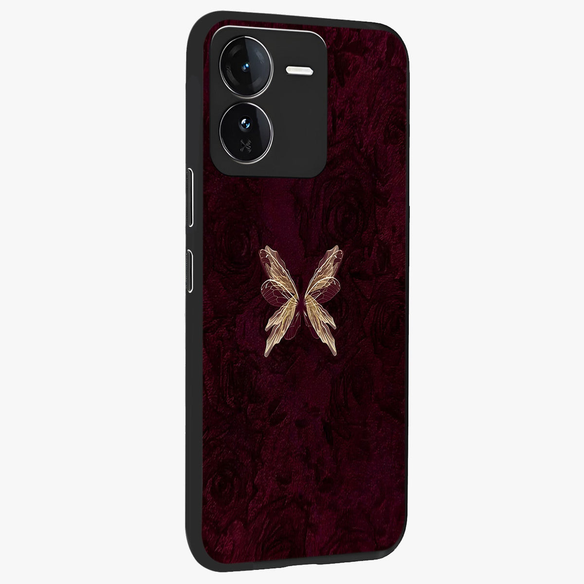Crimson Fade Butterfly Glass Case upright view showcasing graceful butterfly artwork with soft crimson fade effect.