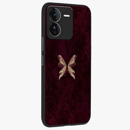 Crimson Fade Butterfly Glass Case upright view showcasing graceful butterfly artwork with soft crimson fade effect.