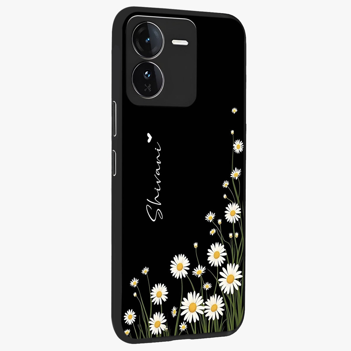 Daisy Cascade Custom Name Glass Case upright view showcasing elegant floral cascade design with personalized aesthetic.