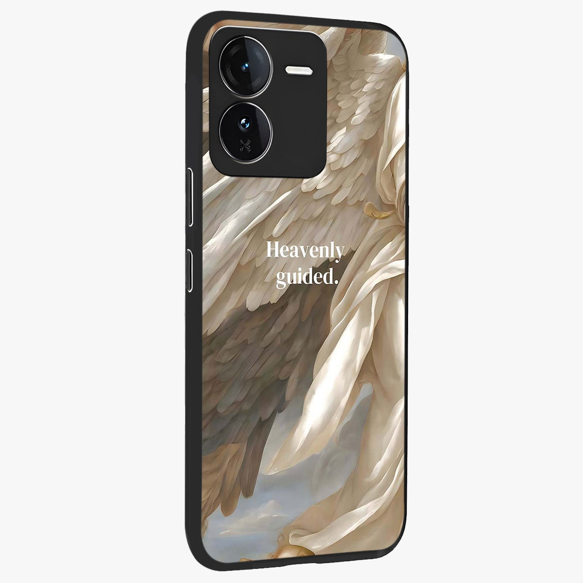 Divine Winged Grace Glass Case upright view showcasing spiritual wing artwork with soft celestial theme.