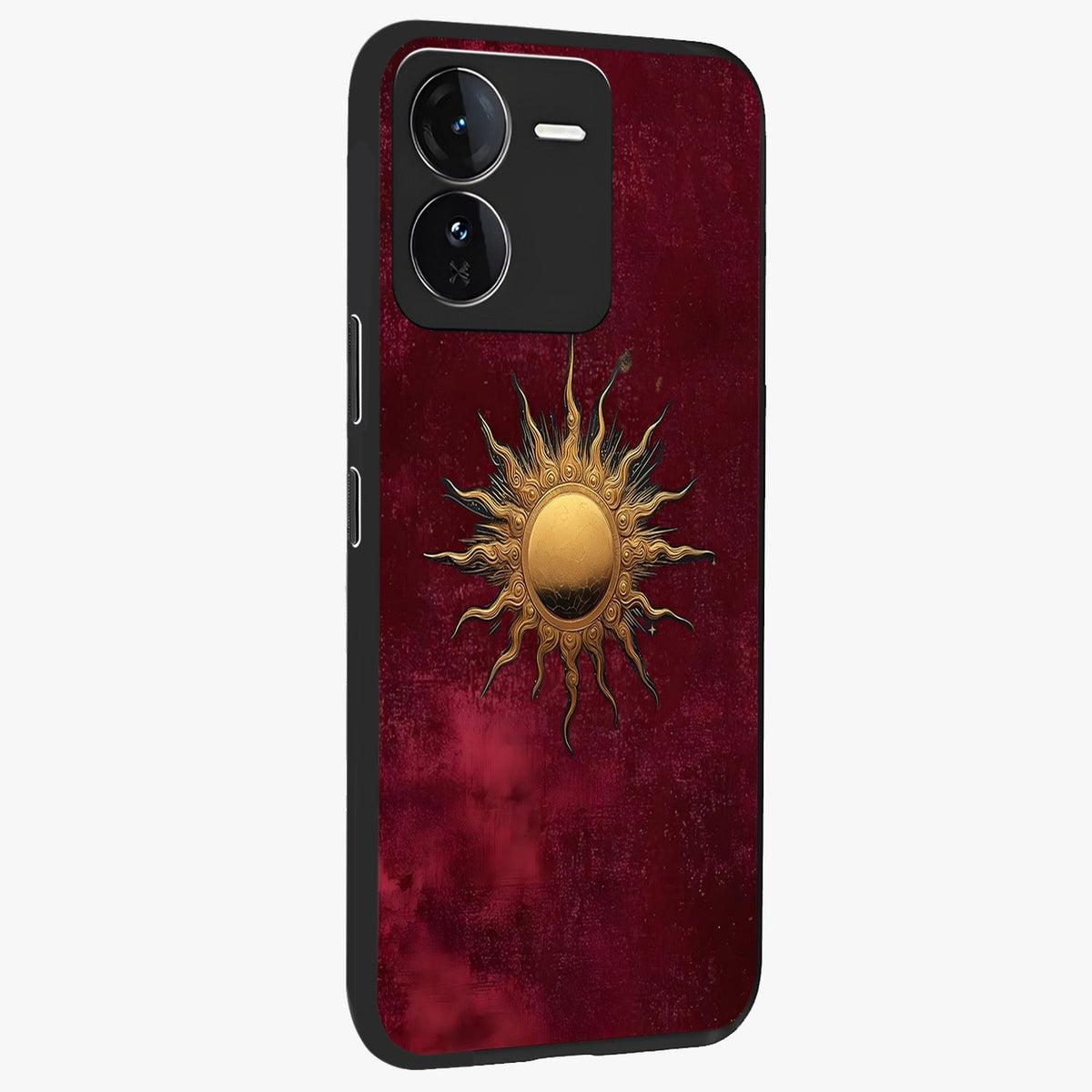 Golden Sun Minimalism Glass Case upright view showcasing simple golden sun artwork with elegant minimalist style.
