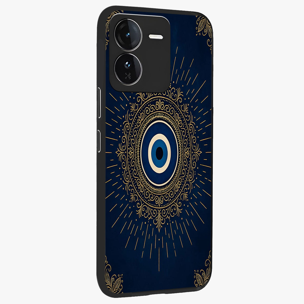 Golden Celestial Charm Glass Case upright view showcasing radiant celestial artwork with elegant golden theme.