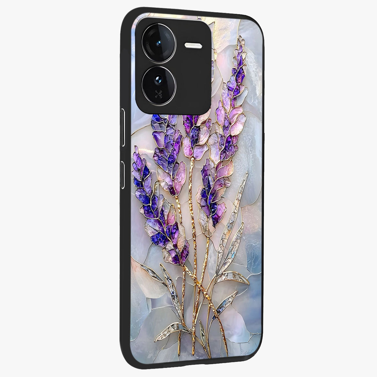 Lavender Dream Glow Glass Case upright view showcasing radiant lavender glow artwork with calming dreamy theme.