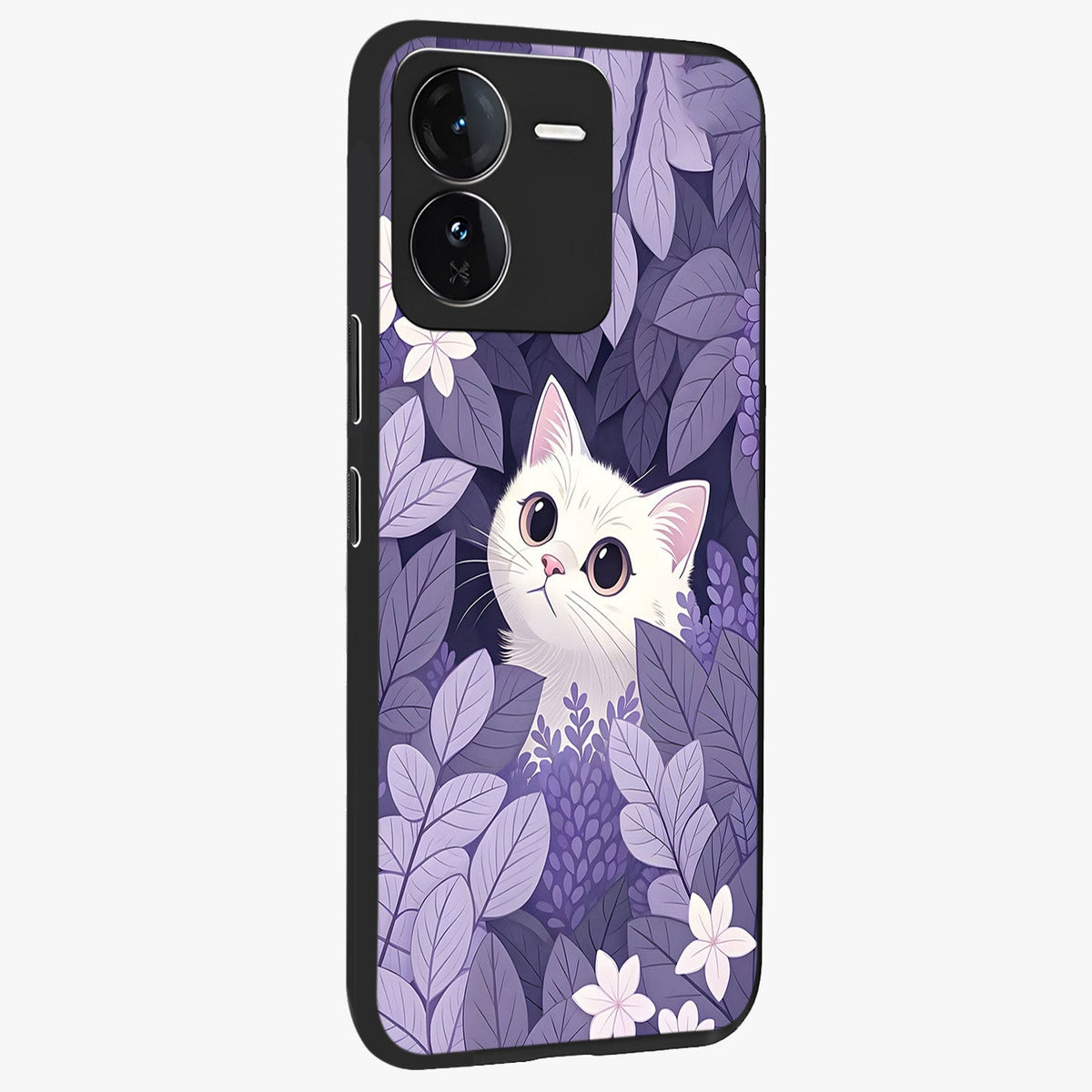 Lilac Hide Peek Cat Glass Case upright view showcasing charming cat artwork with adorable peek theme.