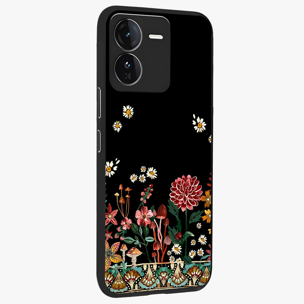 Midnight Bloom Pattern Glass Case upright view showcasing decorative floral artwork with deep night themed palette.