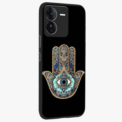 Mystic Hamsa Eye Glass Case upright view showcasing detailed hamsa eye artwork with protective spiritual theme.