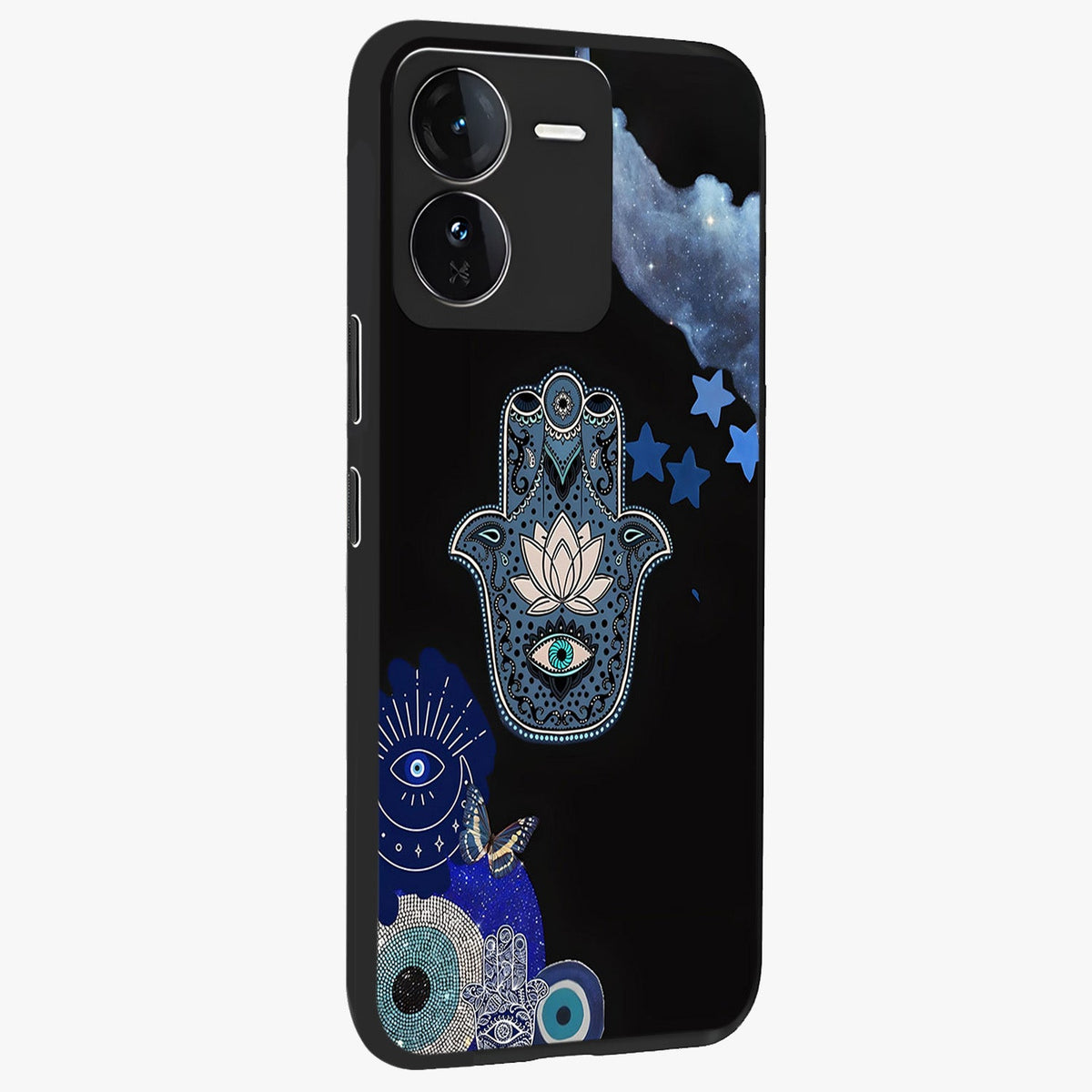 Mystic Hand Aura Glass Case upright view showcasing symbolic hand artwork with mystical energy theme.