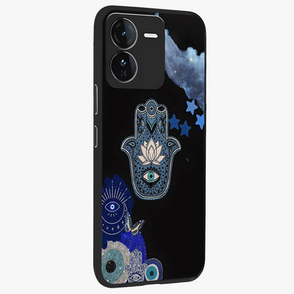 Mystic Hand Aura Glass Case upright view showcasing symbolic hand artwork with mystical energy theme.