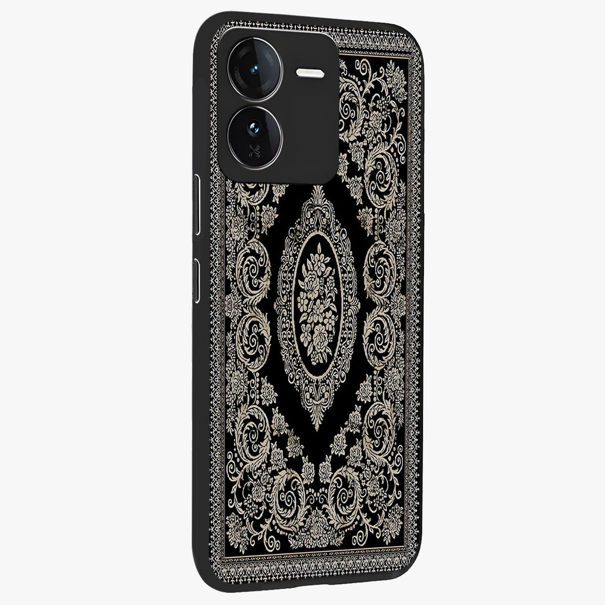 Noir Bloom Elegance Glass Case upright view showcasing graceful floral artwork with luxurious dark theme.
