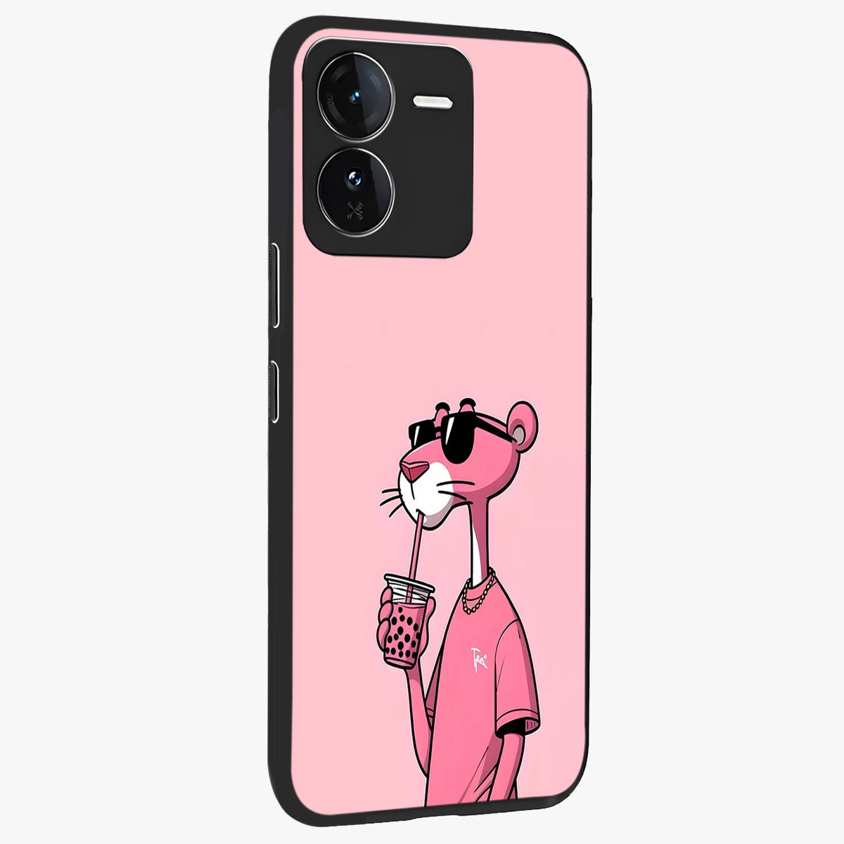 Pink Panther Glass Case upright view showcasing fun animated artwork with stylish retro cartoon theme.