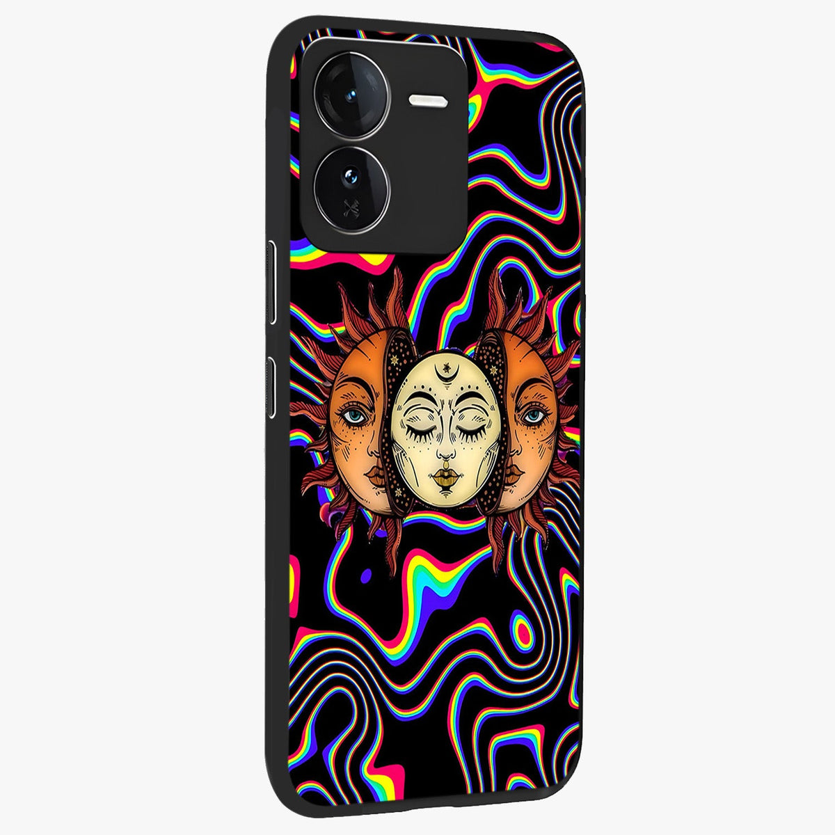 Psychedelic Sun Glass Case upright view showcasing trippy sun artwork with bold psychedelic theme.