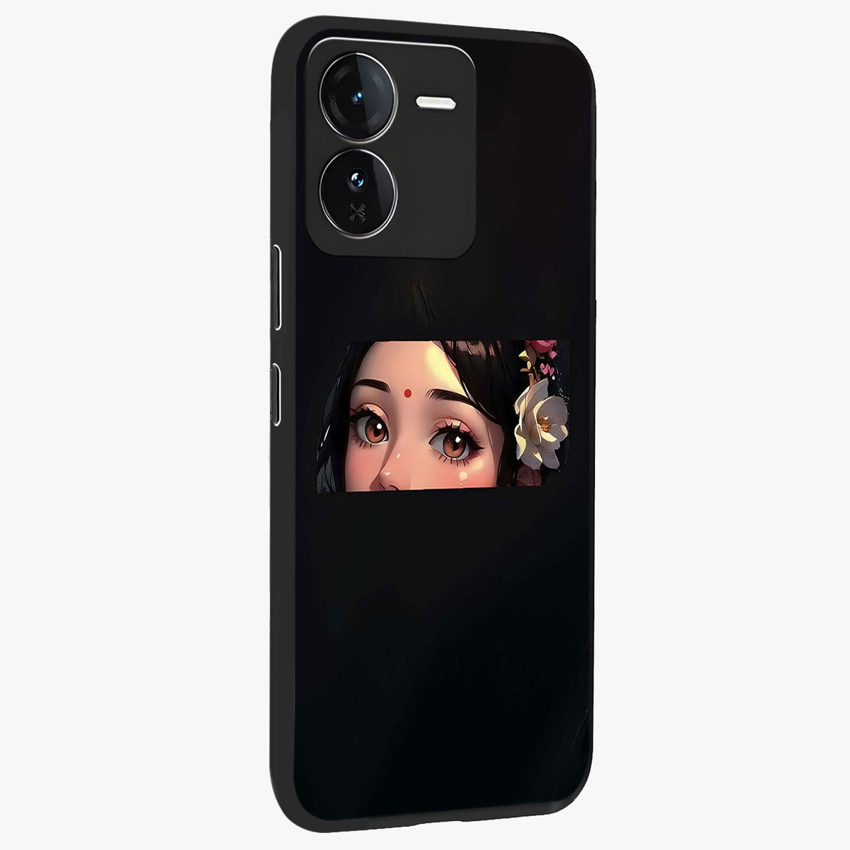 Radha Divine Embrace Glass Case upright view showcasing sacred Radha themed artwork with peaceful devotional style.