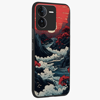 Red Sunset Scenery Glass Case upright view showcasing dramatic sunset scenery artwork with warm nature theme.