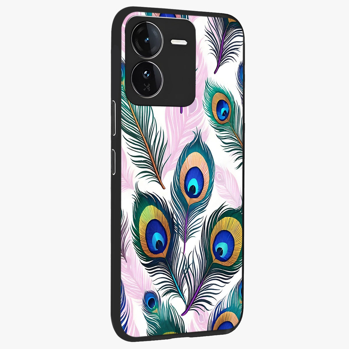 Royal Peacock Feathers Glass Case upright view showcasing elegant peacock feather artwork with decorative royal theme.