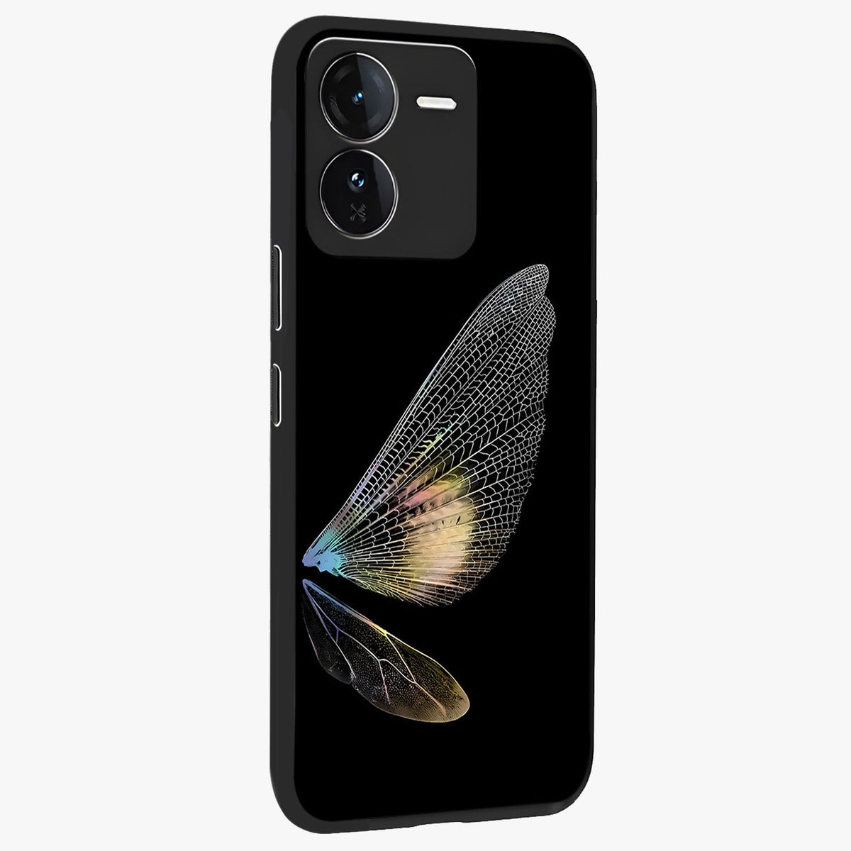 Whispers Of Wings Glass Case upright view showcasing elegant wing artwork with light airy theme.