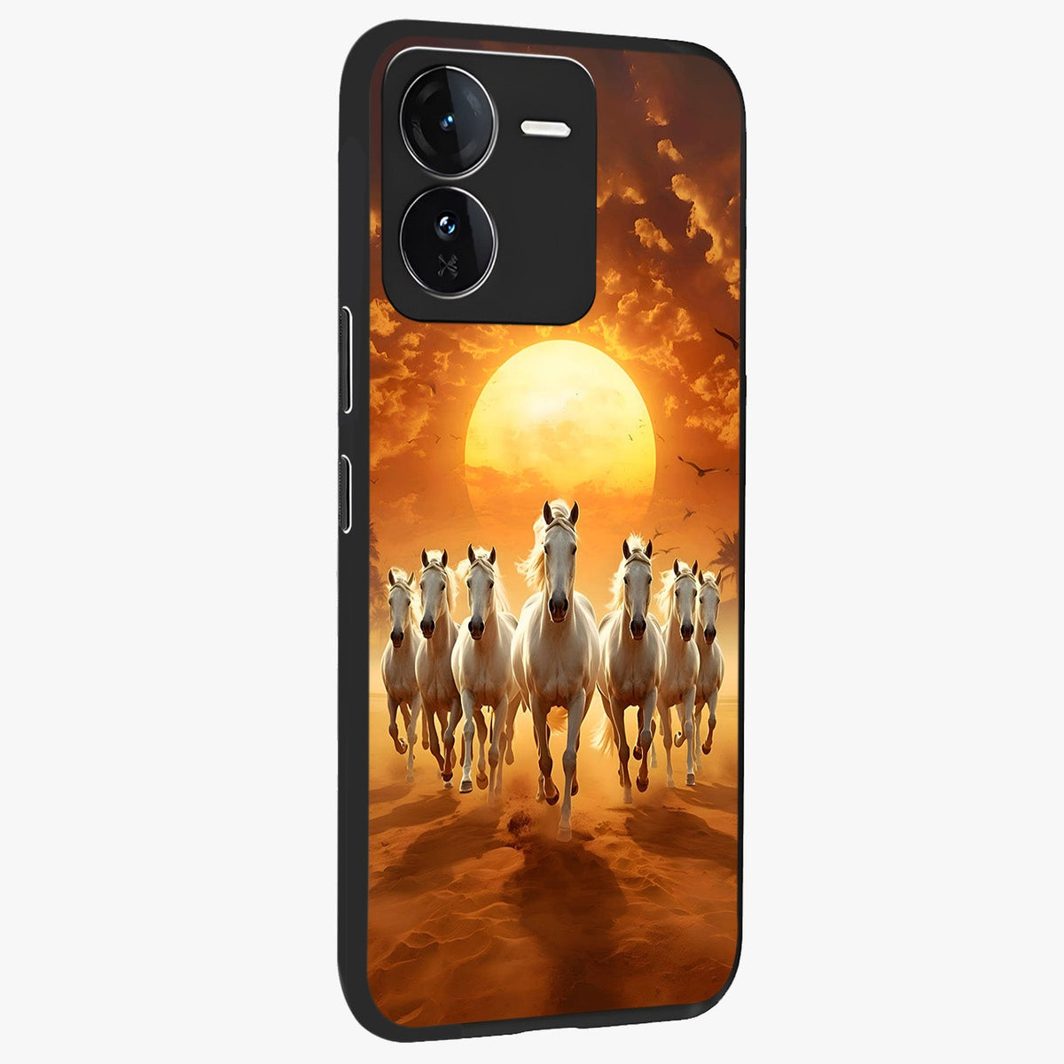 Wild Sunset Majesty Glass Case upright view showcasing dramatic sunset artwork with bold nature theme.