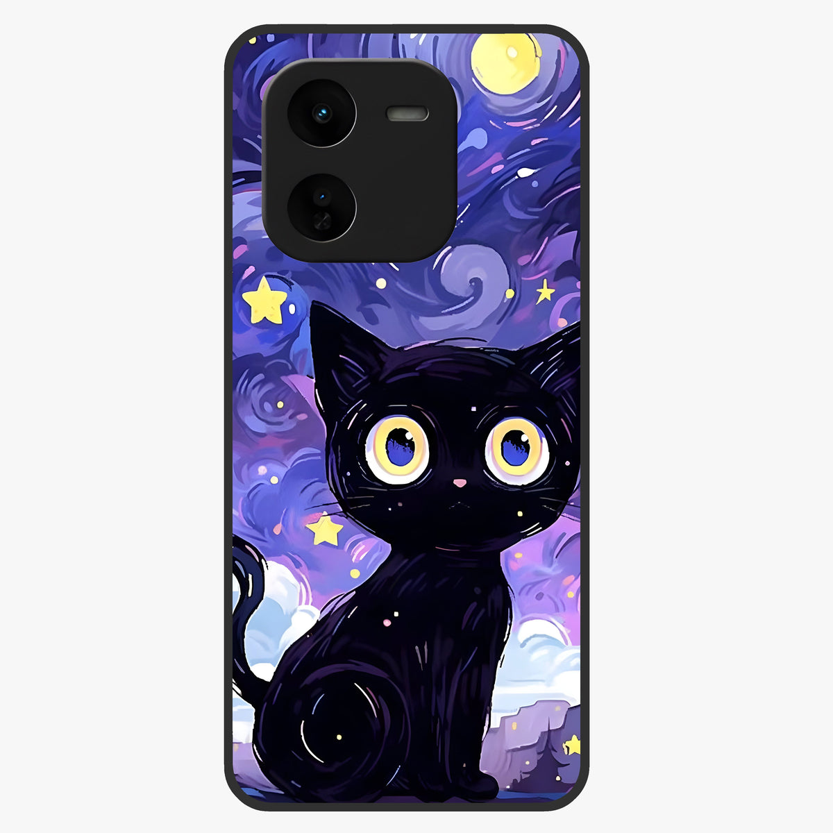 Abstract Cat Art Glass Case showing flat back view with artistic cat illustration and glossy glass finish.