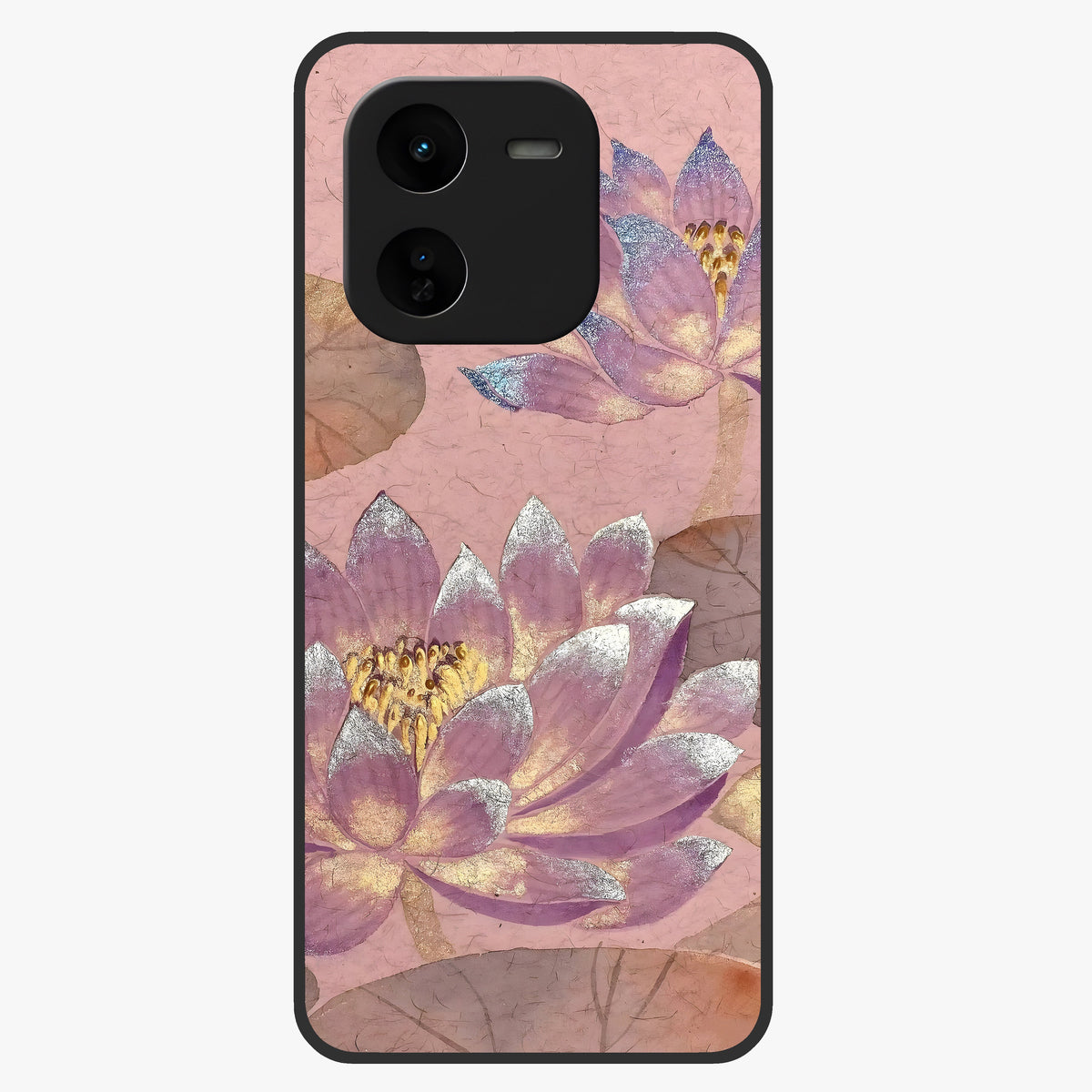 Blossom Mist Lotus Glass Case showing flat back view with serene lotus blossom artwork and glossy glass finish.