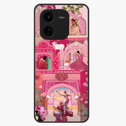 Blossoms of Rajasthan Glass Case showing flat back view with traditional floral artwork inspired by Rajasthan and glossy glass finish.