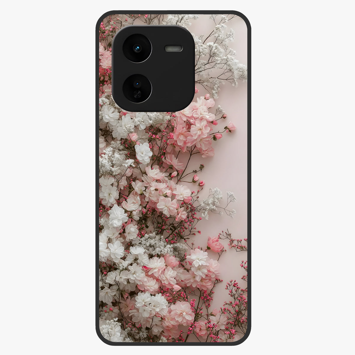 Blush Blossom Cloud Glass Case showing flat back view with dreamy blush cloud blossom artwork and glossy glass finish.