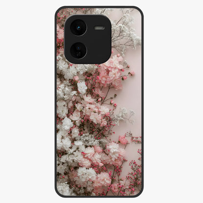 Blush Blossom Cloud Glass Case showing flat back view with dreamy blush cloud blossom artwork and glossy glass finish.