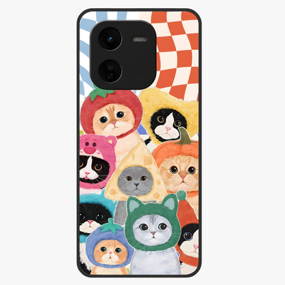 Cats in Fruits Glass Case showing flat back view with playful cat illustrations inside fruit artwork and glossy glass finish.