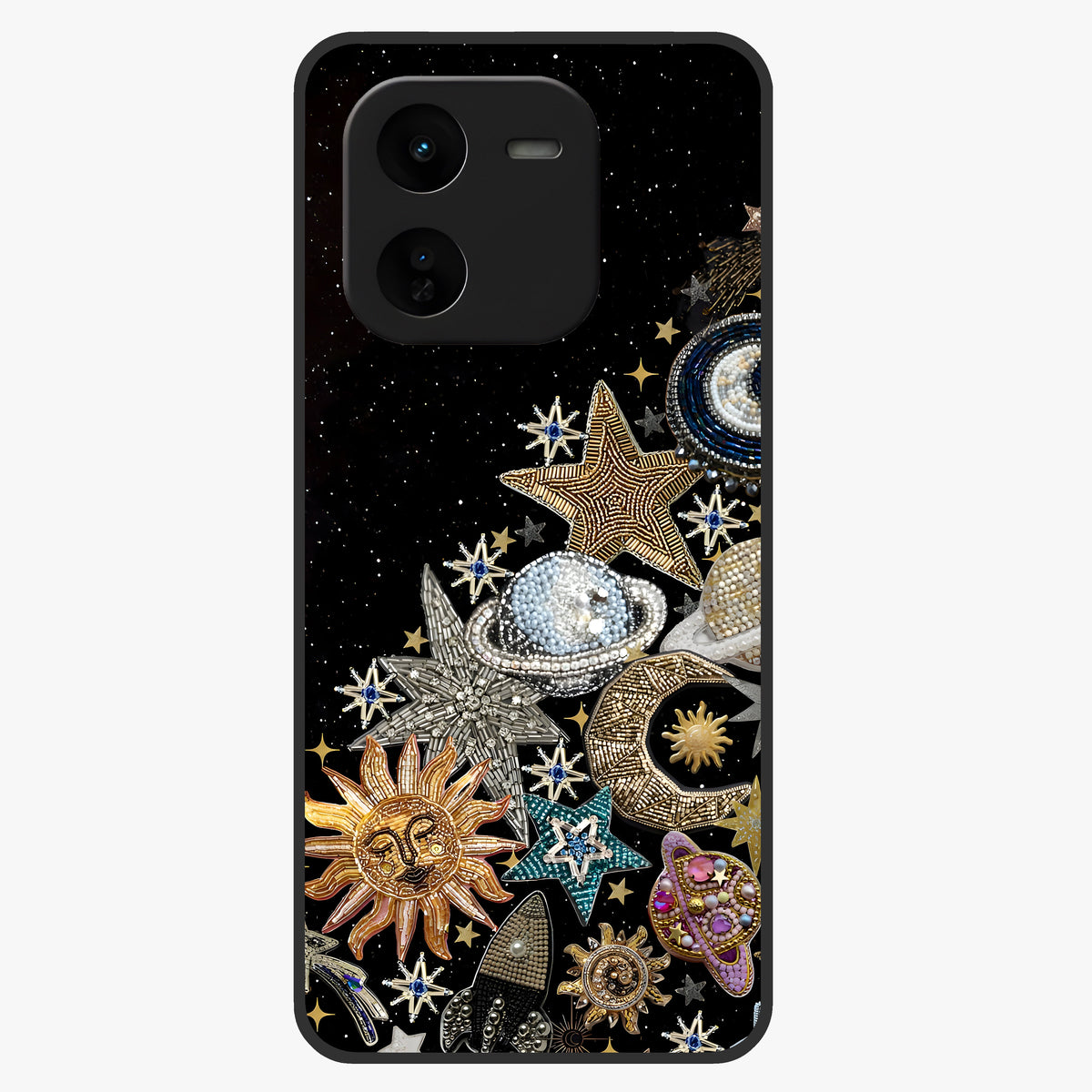 Cosmic Sparkle Dreams Glass Case showing flat back view with sparkling cosmic artwork and glossy glass finish.