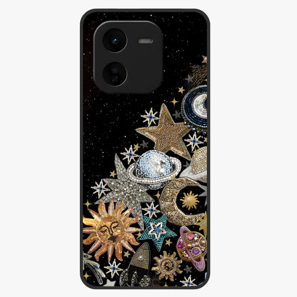 Cosmic Sparkle Dreams Glass Case showing flat back view with sparkling cosmic artwork and glossy glass finish.