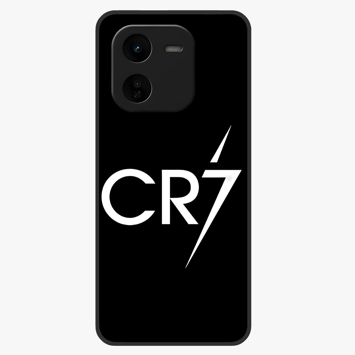 Cr7 Elite Strike Glass Case showing flat back view with dynamic football inspired artwork and glossy glass finish.