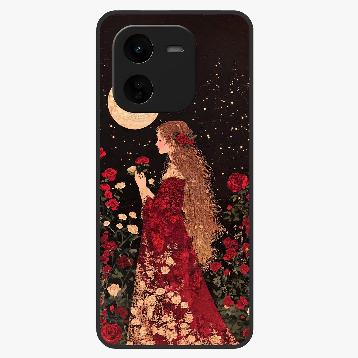 Crimson Dreams Glass Case showing flat back view with dreamy crimson artwork and glossy glass finish.
