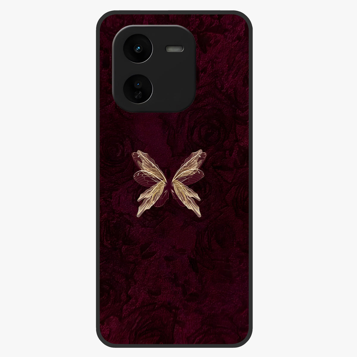 Crimson Fade Butterfly Glass Case showing flat back view with fading butterfly artwork and glossy glass finish.