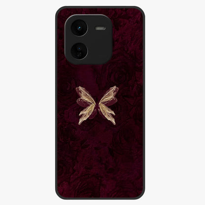 Crimson Fade Butterfly Glass Case showing flat back view with fading butterfly artwork and glossy glass finish.