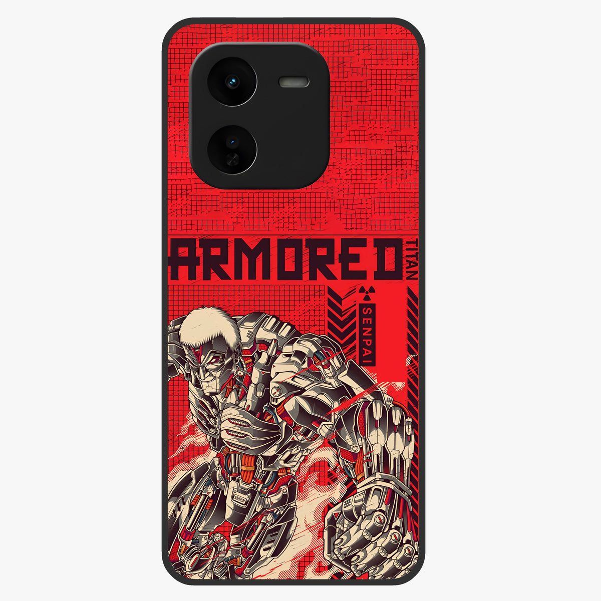 Crimson Mecha Titan Glass Case showing flat back view with powerful mech titan artwork and glossy glass finish.