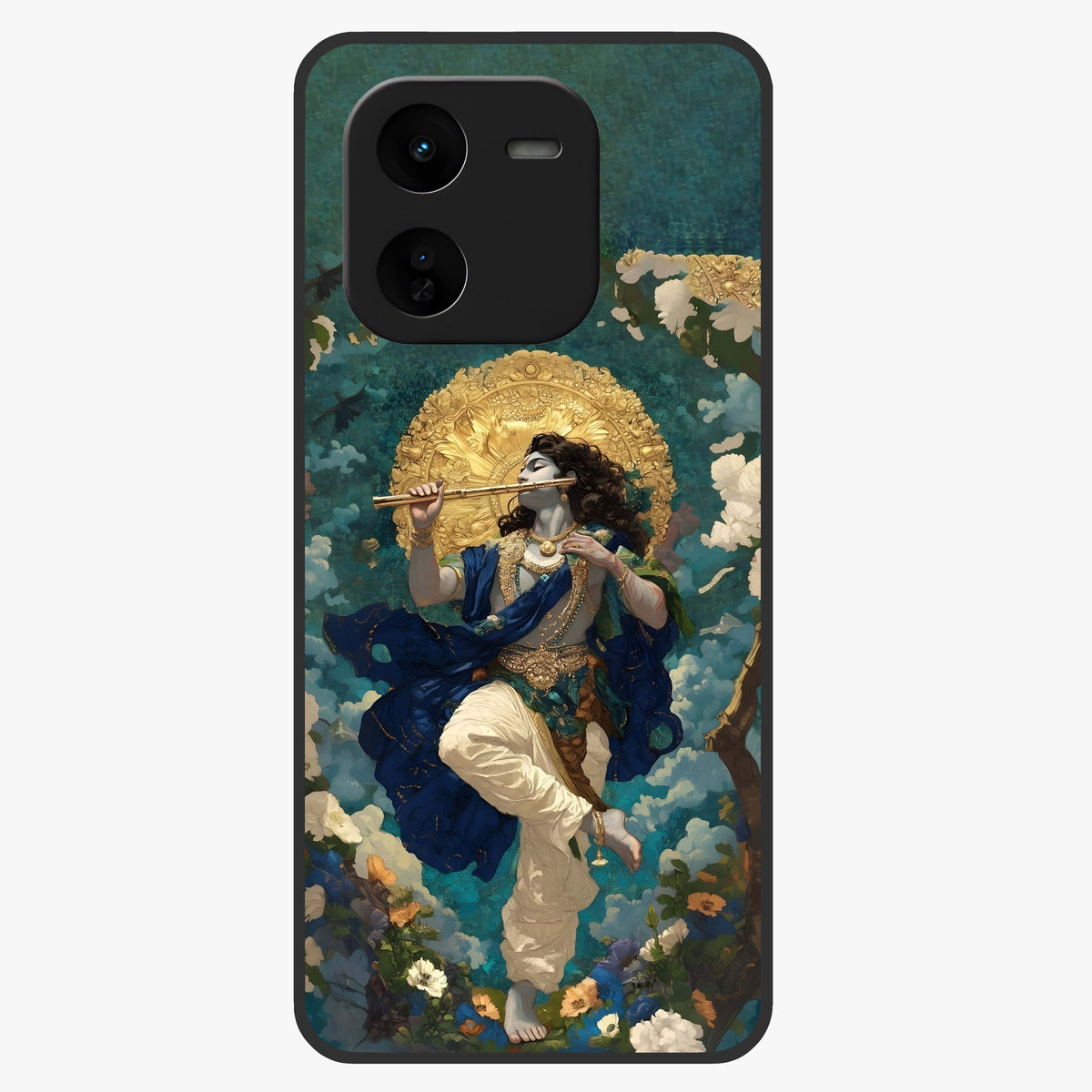 Divine Krishna Art Glass Case showing flat back view with Lord Krishna artwork and glossy glass finish.