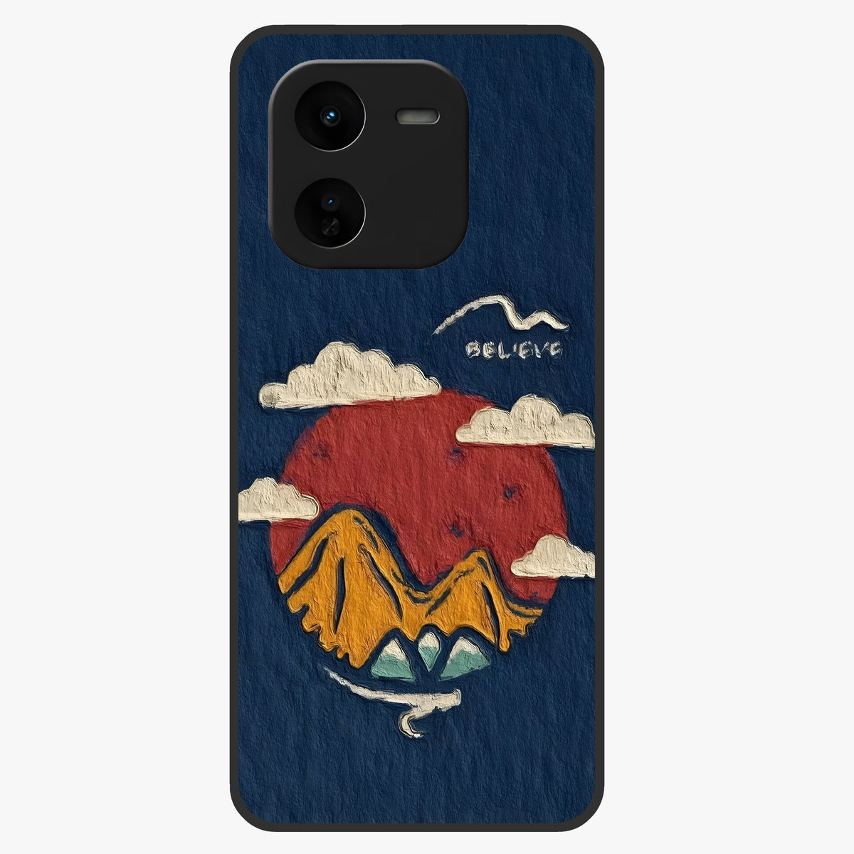 Dream Beyond Mountains Glass Case showing flat back view with scenic mountain landscape artwork and glossy glass finish.