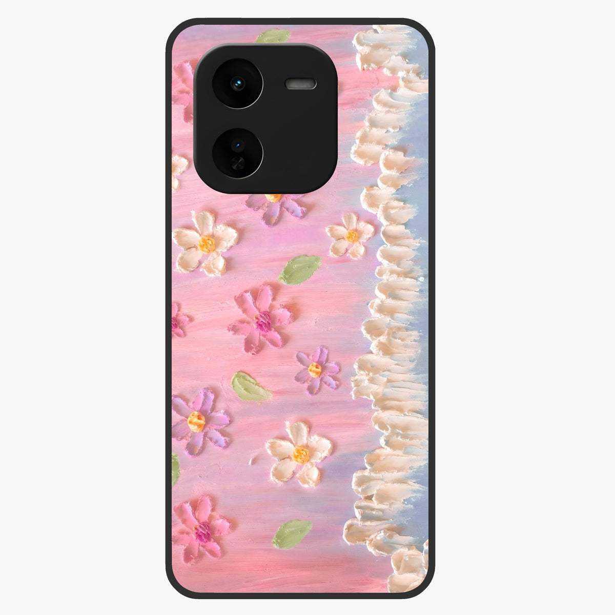 Dreamy Painted Garden Glass Case showing flat back view with artistic painted floral garden artwork and glossy glass finish.