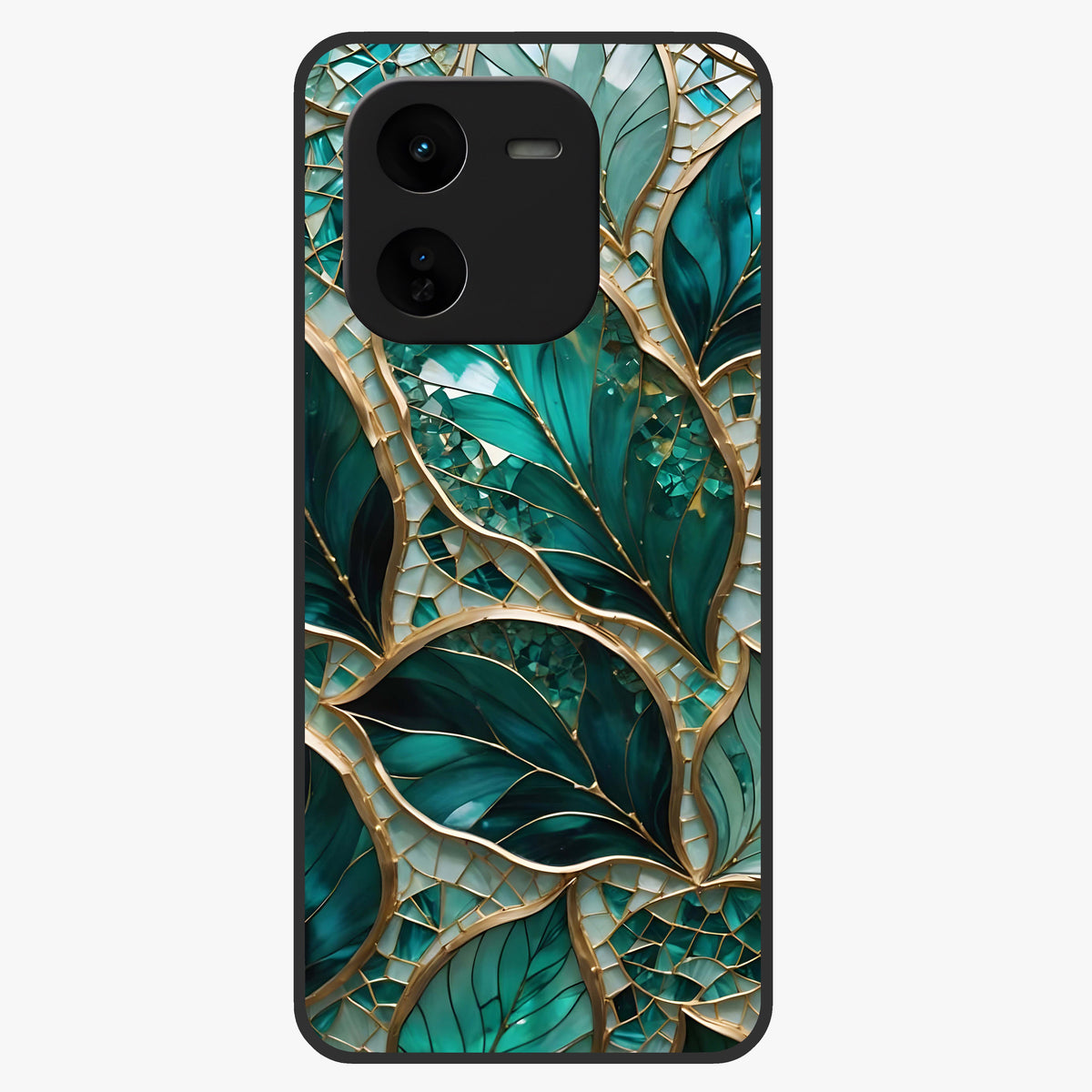 Emerald Leaf Glass Glass Case showing flat back view with emerald green leaf artwork and glossy glass finish.