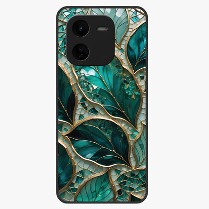 Emerald Leaf Glass Glass Case showing flat back view with emerald green leaf artwork and glossy glass finish.