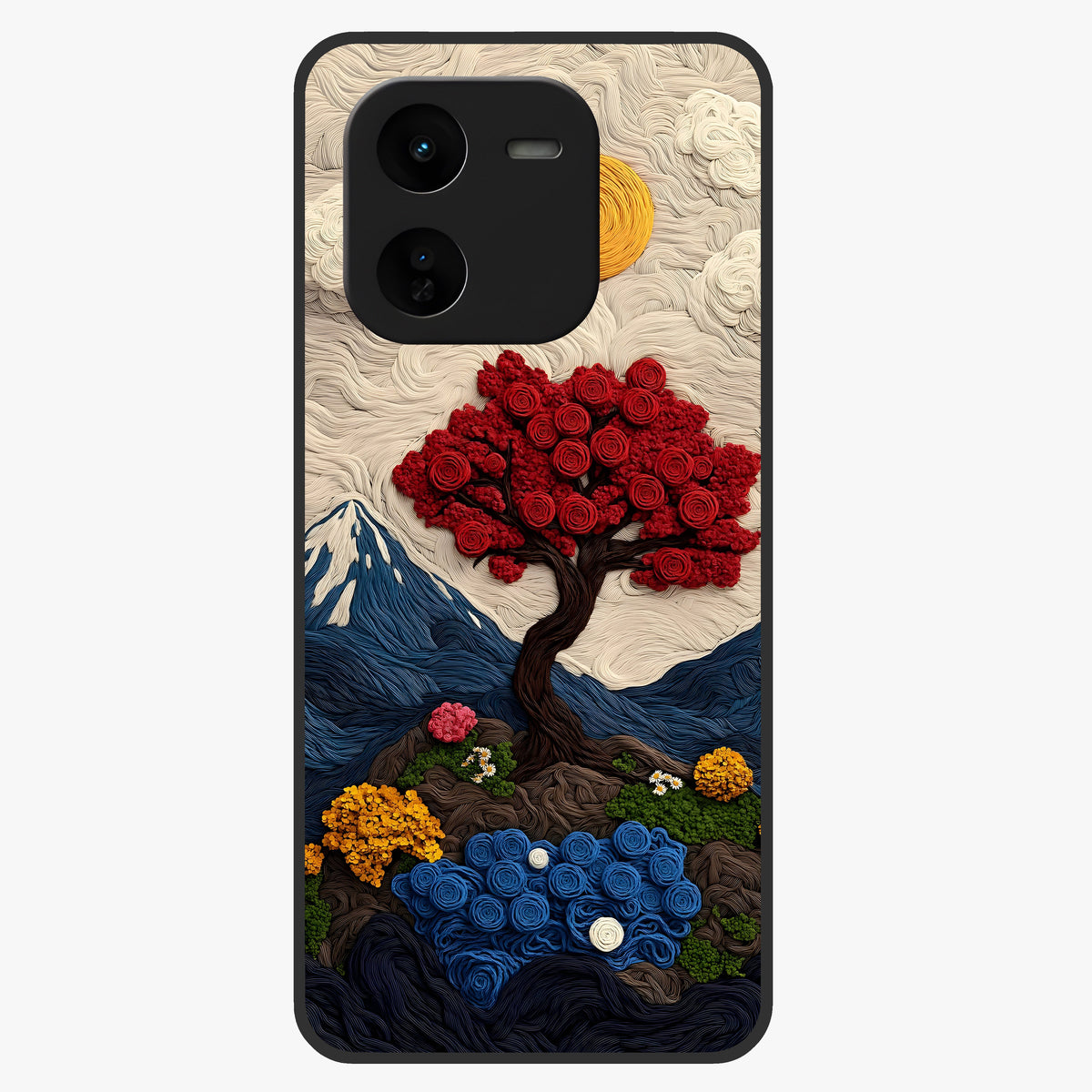 Eternal Nature Tapestry Glass Case showing flat back view with intricate nature tapestry artwork and glossy glass finish.