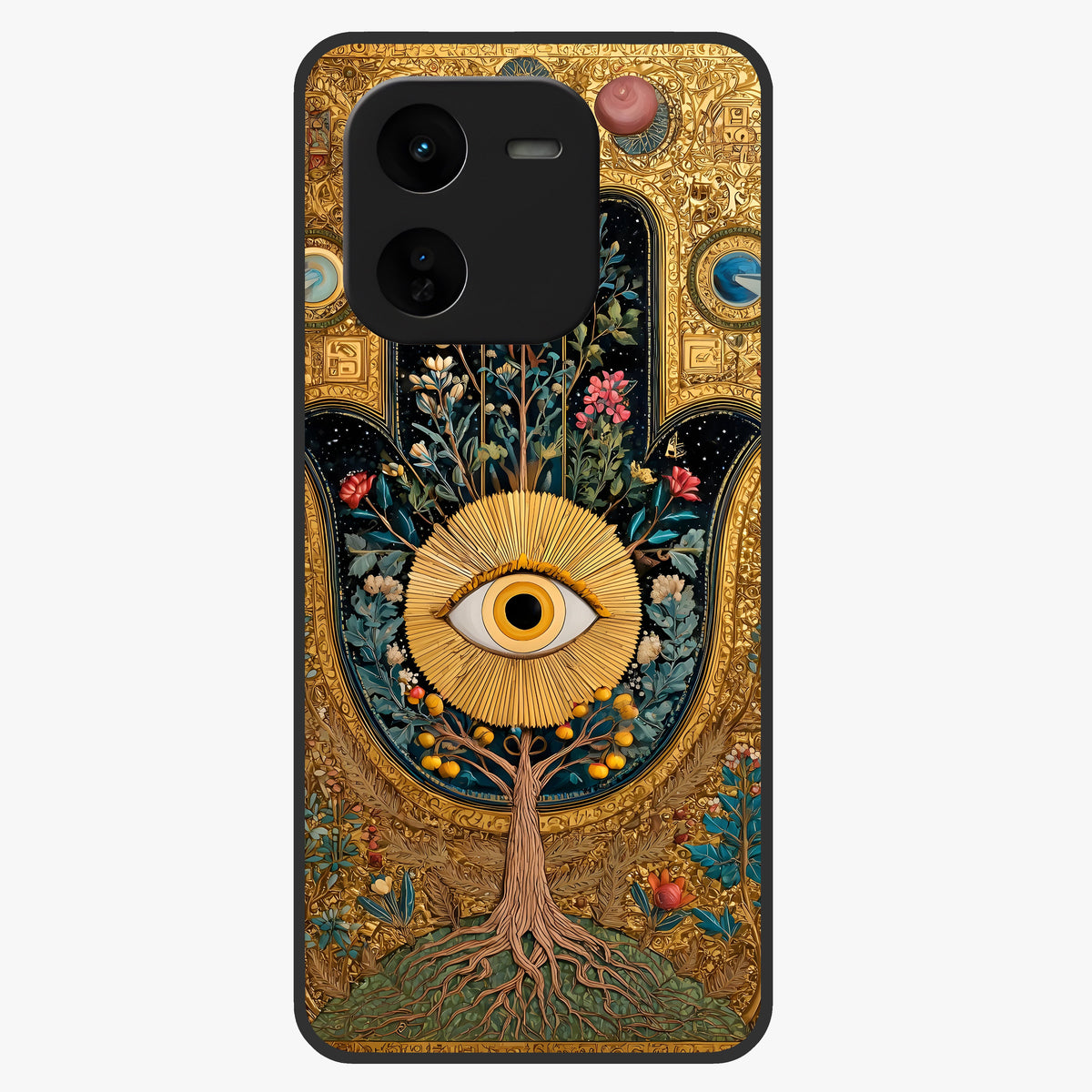 Ethereal Evil Eye Glass Case showing flat back view with mystical evil eye artwork and glossy glass finish.
