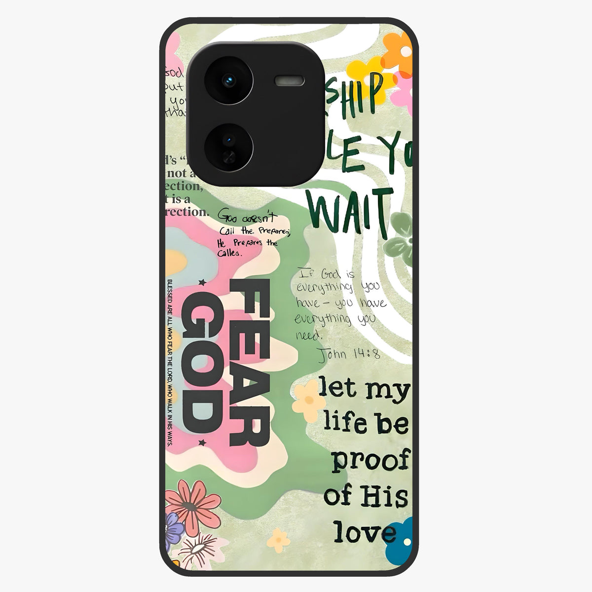 Faith Over Fear Glass Case showing flat back view with motivational typography artwork and glossy glass finish.