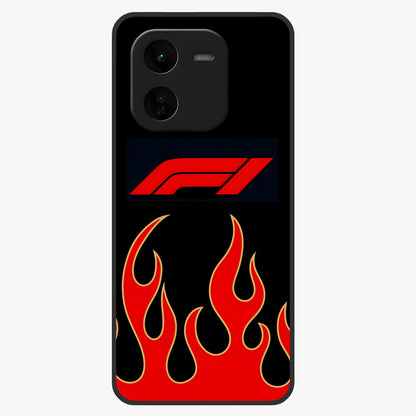Fire F11 Glass Case showing flat back view with fiery themed artwork and glossy glass finish.