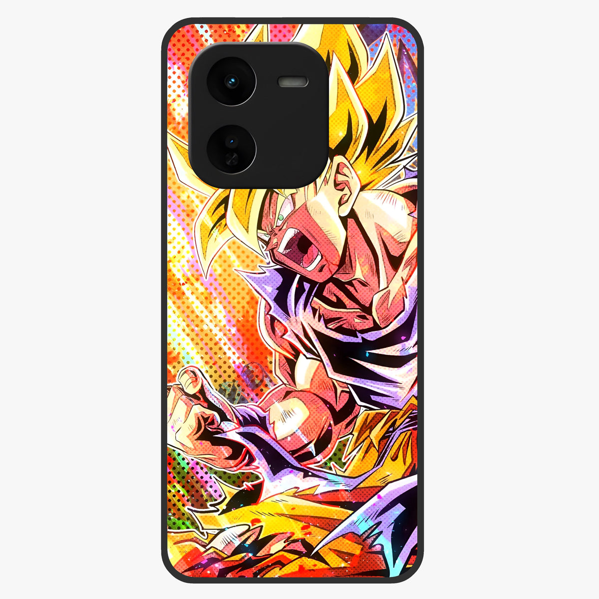 Firing Goku Glass Case showing flat back view with powerful anime inspired artwork and glossy glass finish.