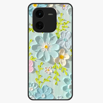 Frosted Petal Garden Glass Case showing flat back view with soft frosted floral artwork and glossy glass finish.